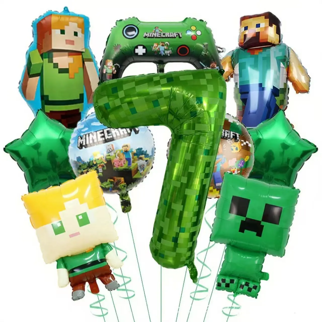 Party Games Minecraft - บอลลูนฟิล์มอลูมิเนียมลายพิกเซล 1-9 สไตล์ Steve ที่กลัวคนงาน ดิจิทัลสีเขียว