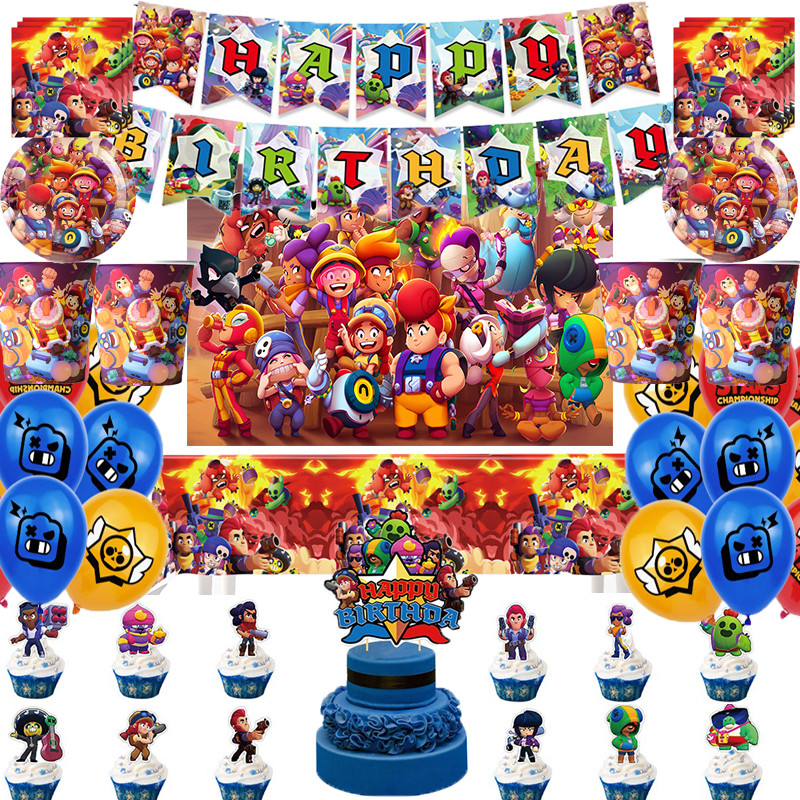 Party Games Kids Birthday - อุปกรณ์ตกแต่งงานวันเกิดเด็ก ชุดของเล่นธีมเกมดวลในป่า ลูกโป่ง ชุดอุปกรณ์จัดงานเลี้ยง จาน ชาม