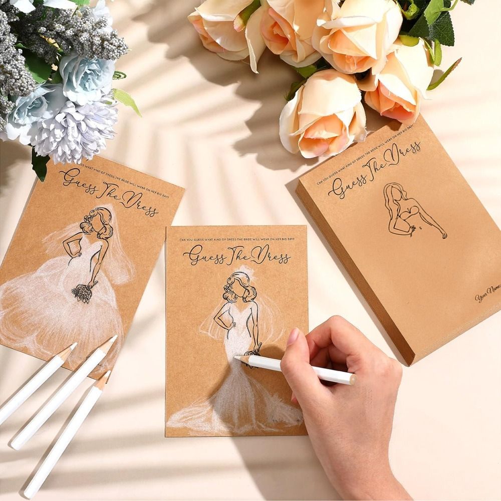 Party Games Bridal Shower - เกมทายชุดเจ้าสาว 10 ชิ้น เกมปาร์ตี้สร้างสรรค์สำหรับงานแต่งงาน พร้อมการ์ดเกมและดินสอวาดภาพสีขาว