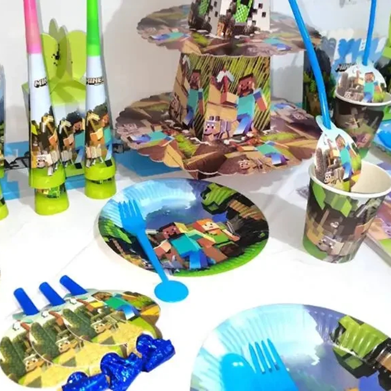 Party Games Minecraft - ชุดตกแต่งปาร์ตี้ธีมมายคราฟสุดฮิต พร้อมธง ป้ายกระดาษ ถ้วยกระดาษ ของตกแต่งเค้ก ของขวัญวันเกิด