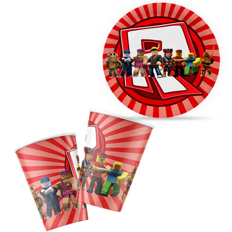 Party Games In Roblox - หุ่นยนต์ตกแต่งวันเกิด Happy ชุดกระดาษถ้วยฟางหุ่นยนต์เกม Party Supplies บอลลูน