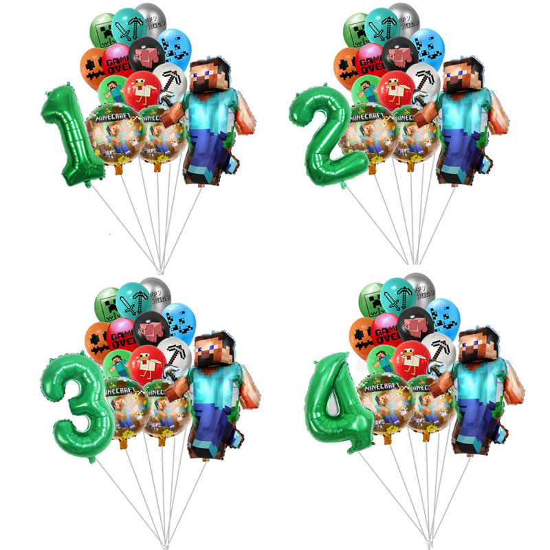 Party Games Minecraft - ชุดลูกโป่งอลูมิเนียม 14 ชิ้น ธีมเกมอนิเมะ Minecraft Pixel